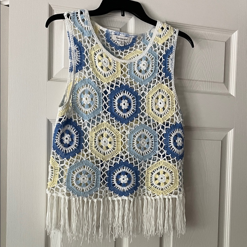 Francesca's Collections Blue and Yellow Crochet Fringe Top